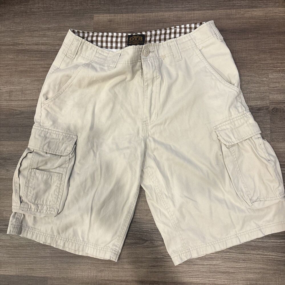 Y2k OTB Cargo Baggy Shorts Mens Size 34 Beige Pockets Regular Fit Flat Front